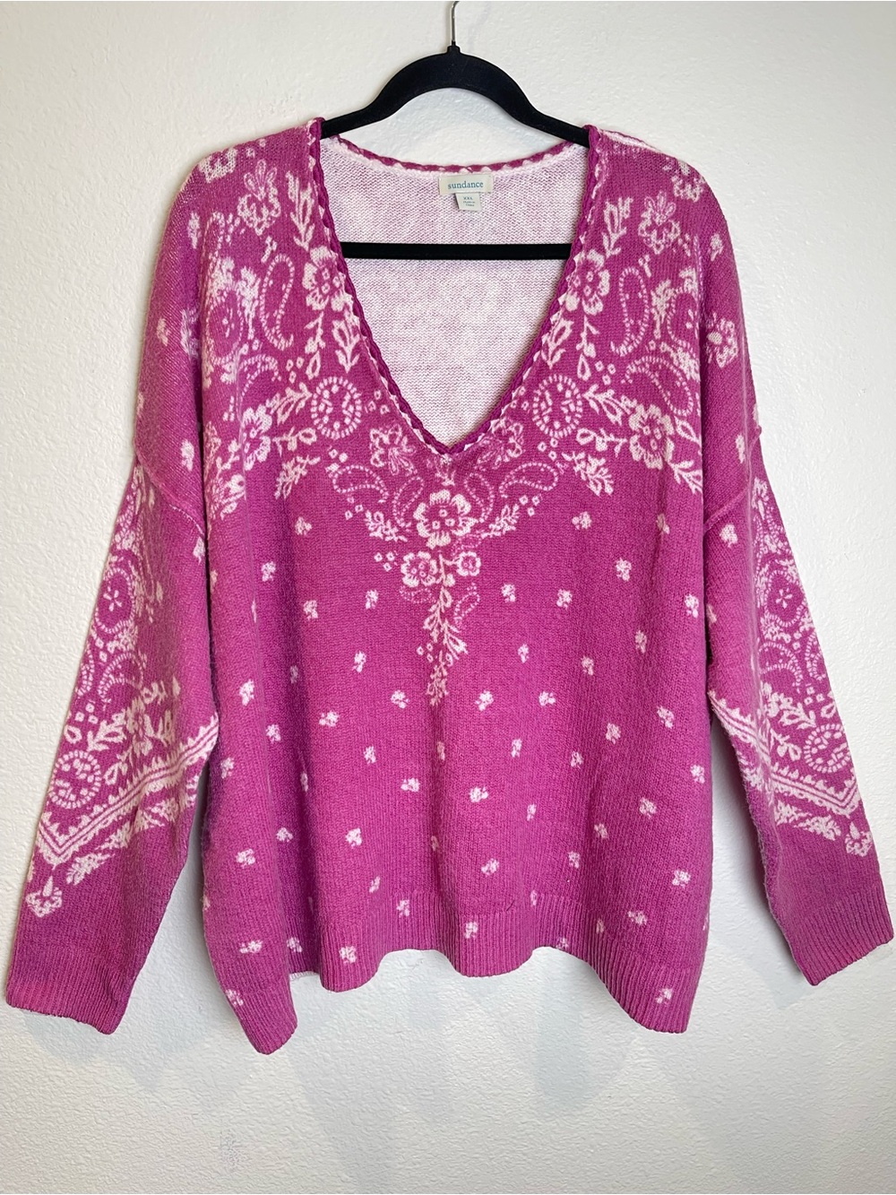 Sundance V-Neck Pink Sweater with Paisley Floral Bandana Print Design Size XXL